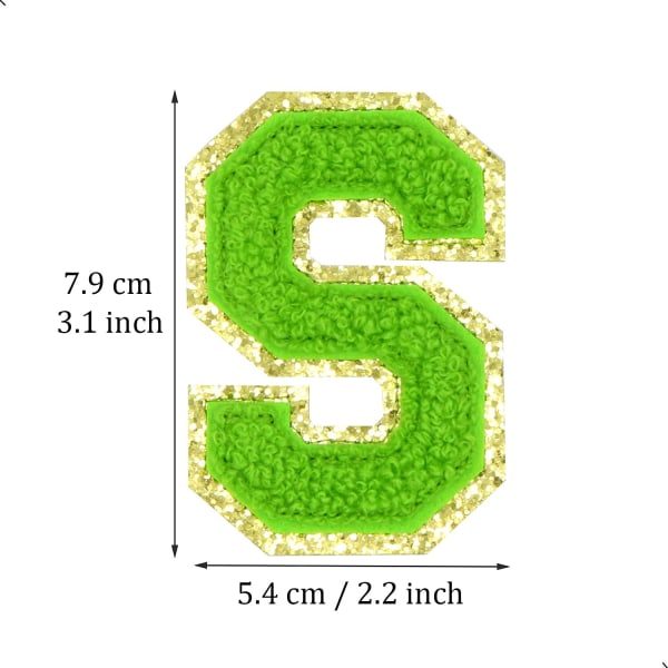 Engelska bokstaven S Stryk på reparationslappar Alfabetsömnad Applikationer Klädmärken, med guldglitterkant, självhäftande bakdekal（Grön S）SGrön