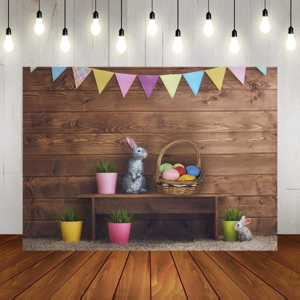 Vår påske bakgrunner for fotografering Kanin fargerike egg grønt gress brunt trevegg bakgrunn Baby shower barn jenter 7x5ft Vinyl