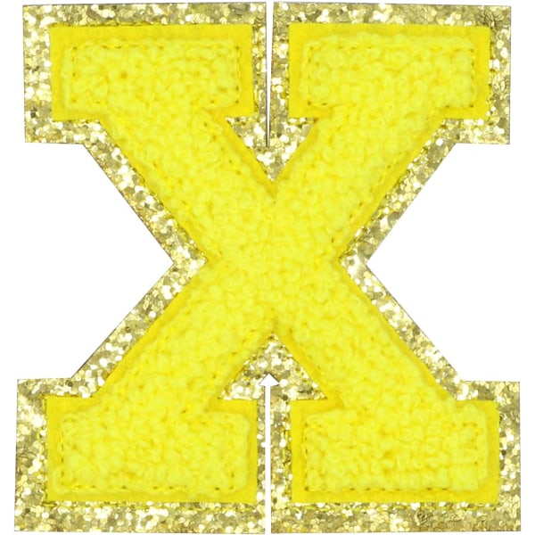 Engelska bokstaven X Stryk på reparationslappar Alfabetsömnad Applikationer Klädmärken, med guldglitterkant, självhäftande bakdekal（Gul X）XYellow