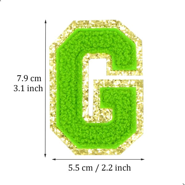 Englannin kirjaimen G rauta-sovellettavat korjauslaastarit Aakkosten ompelutarrat Vaatteiden merkit, kultaisilla glitterillä reunustettu, liimapintainen tarra (Vihreä G) GGreen