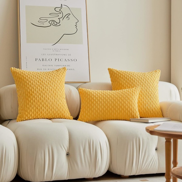 Set med 2 dekorative putetrekk i solid stripet fløyelsplysj for sofa, maskinvaskbar putetrekk, 50 cm, 20 x 20 tommer, gul