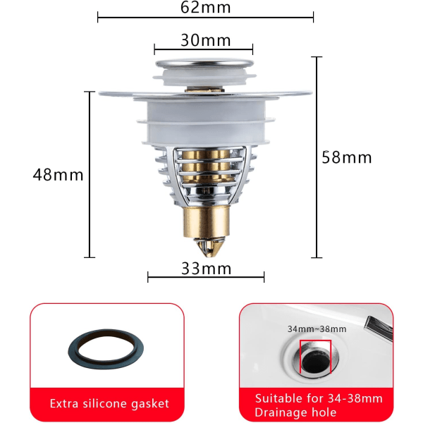 ? 34-38mm VASK I RUSTFRITT STÅL, Universal Pop up Vask Stopper med 2 Silikon Tetninger, Avløpsfilter med Anti-tett Sil