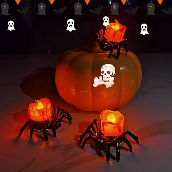 12-pakning edderkoppflammeløse stearinlys, Halloween edderkopp stearinlyslys, batteridrevne Halloween gresskarlys LED telys