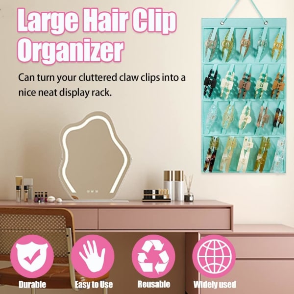 Stort hårklämma Organizer Premium filt hängande kloklämma förvaring Klädställ för flickor Hårklämmor (inga tillbehör) (blågrön)