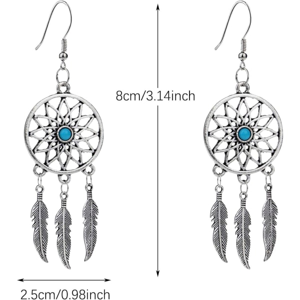 Kvinne Retro Sølv BOHO Stil Metall Dangle Drop Øredobber Drømmefanger Statement Fjær Dangle Dusker Turkis Øredobber for Kvinner Jenter