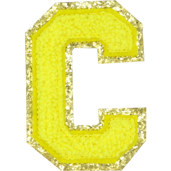 Engelska bokstaven C Stryk på reparationslappar Alfabetsömnad Applikationer Klädmärken, med guldglitterkant, självhäftande bakre klistermärke (Gul C）CYgul
