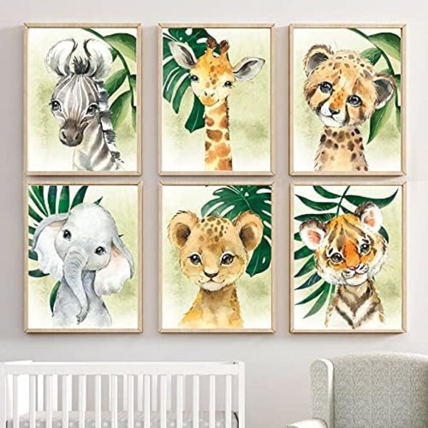 Liten Baby Vattenfärg Djur Djungel Safari Prints Set om 6 (Oinramade) Barnrum Dekor Konst