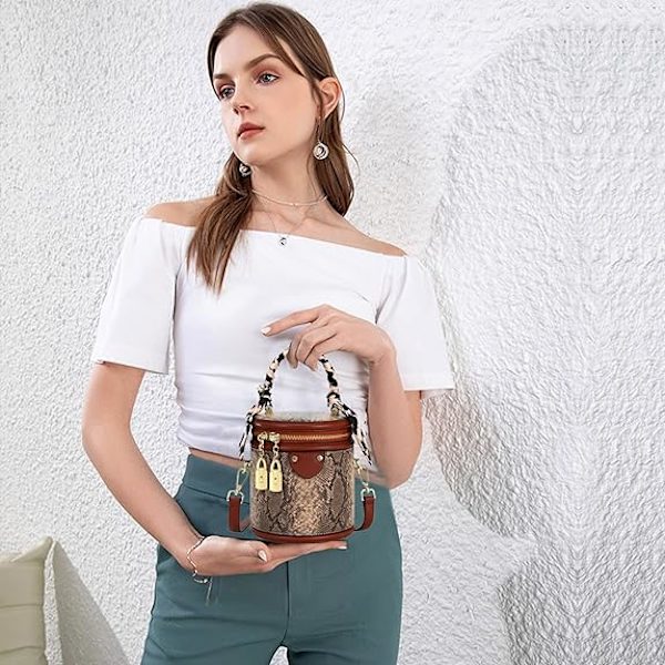 Vintage Bucket Håndtaske til kvinder med slangeprint i kunstlæder - Crossbody skuldertaske med dobbelt metal lynlås