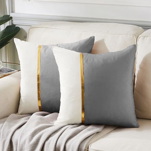 2 Pakker Grå Dekorative Pynteputer Trekk 18x18 Tommer for Stue Sofa Seng, Fløyel Lappeteppe med Gull Lær, Luksuriøs Moderne 45x45 cm