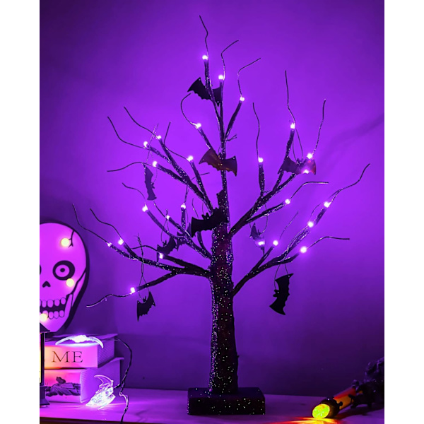Halloween-træ, sort uhyggeligt træ med 24 lilla LED-lys og 10 flagermus-pynt, batteridrevet 18 tommer oplyst Halloween Bonsai-træ