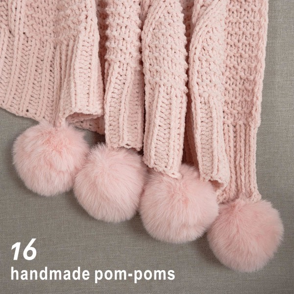 Tjock stickad filt med pom poms - Tjock, mjuk, stor, mysig filt för soffa, säng, soffa, stol - 50×60 tum, rosa