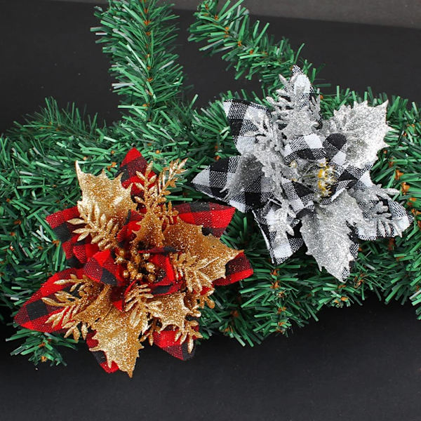 20 stk 4,7\" kunstige blomster Farmhouse sort og hvit rutete kunstige blomster julepynt glitter kunstig julestjerne - sort hvit