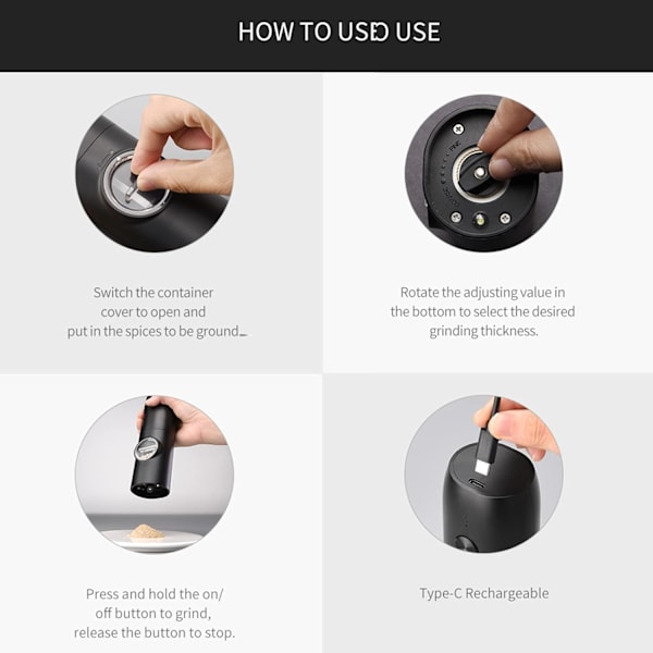USB-oppladbar elektrisk pepperkvern Justerbar grovhet Elektrisk salt- og pepperkvern Automatisk krydderkvern med LED-lys