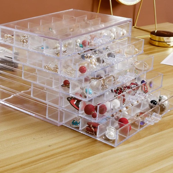 Korvakorujen säilytyslaatikon organizer, akryylikorujen säilytysrasia, 5 laatikkoa läpinäkyvä korujen esittelyteline, jossa on 120 pientä (kirkas)