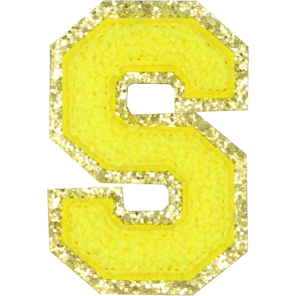 Engelska bokstaven S Stryk på reparationslappar Alfabetsömnad Applikationer Klädmärken, med guldglitterkant, självhäftande bakdekal（Gul S）SYellow