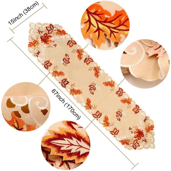 OurWarm Fall Table Runner, Maple Leaves Thanksgiving Table Runner 15 x 67 Inch, Embroidered Autumn Harvest Table Decor