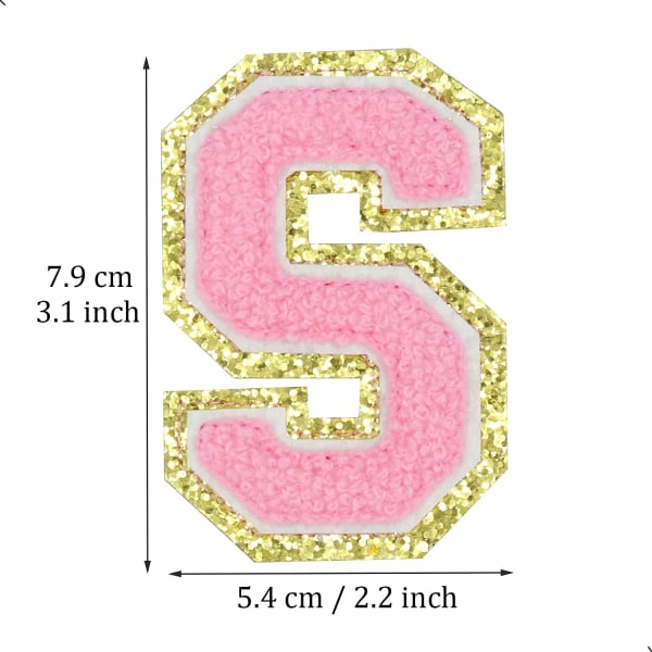 English Letter S Iron On Repair Patches Alphabet Sewing Appliques Clothing Badges, with Gold Glitters Border, Adhesive Back Sticker（Pink S）SPink