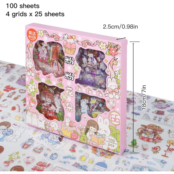 Kawaii Cartoon Girl Scrapbooking Stickers - 100 Sheets Clear PET Söt dekoration Journaling Scrapbook Supplies Stickers for Laptop