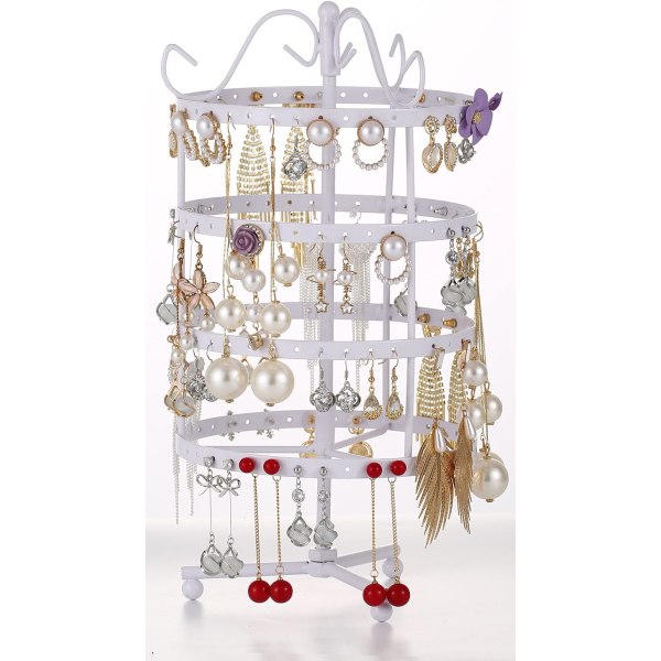 Smyckeshållare, 360 roterande örhängehållare Organizer Smyckesställ, 4 våningar 144 hål örhängen displayställ för försäljning, metall smycken display, vit