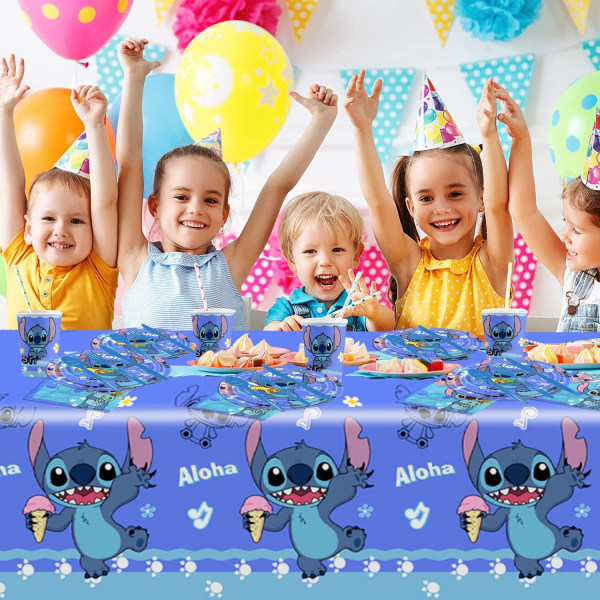 Blå tecknade festtillbehör Set Pojkar Flickor Födelsedag Luau porslin, inklusive mattallrikar, servetter, pappersmuggar, gafflar, knivar, skedar