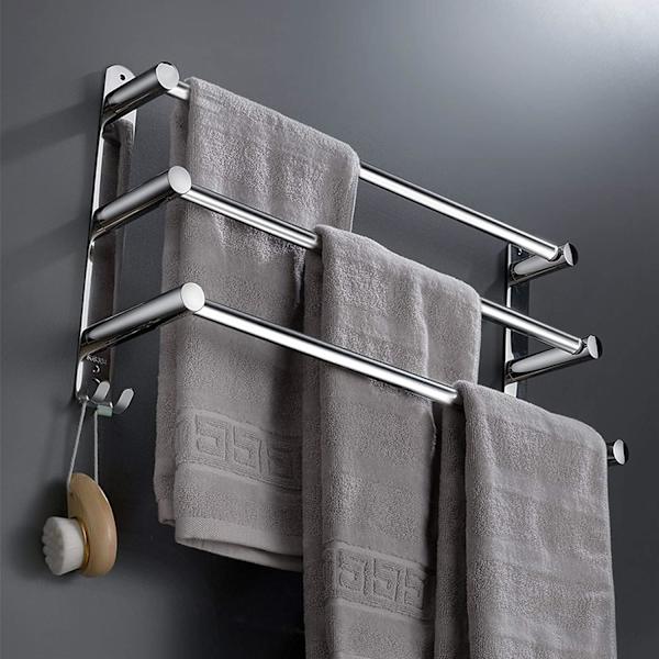 Rostfritt stål badrumshandduksställ, Retractable väggmonterade handduksstänger, självhäftande handduksställ nivåer utan (Silver 3 lager)