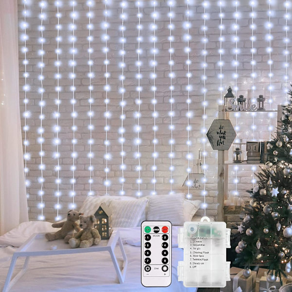 Batteridrevne gardinlyssnor, 6,6×6,6ft 200 LED gardin istapvægslys med fjernbetjening 8 tilstande timer vandtæt