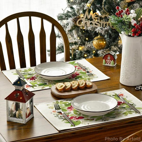Vattenfärg Holly Jul Placemats Set om 4, 30,48 x 45,72 cm Säsongsbetonade Vinter Jul Semester Bordslöpare för Fest Kök Matrumsdekoration