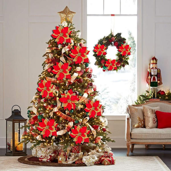 Heyone 12-pack 8,7 tum julglitter poinsettia konstgjorda sidenblommor julgransprydnader