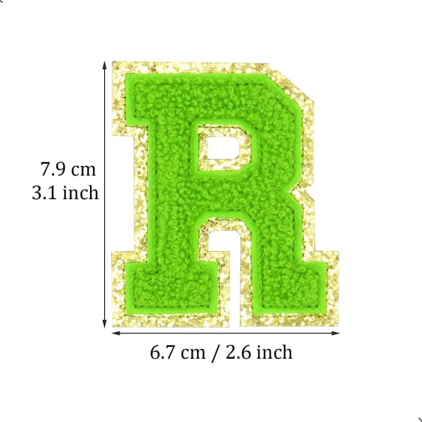 Englannin kirjain R - Silitysmerkit korjaamiseen Aakkoset Ompelemissovellukset Vaatteiden merkit, Kultaisella glitter-reunuksella, Liima-taustatarra（Vihreä R）RGreen