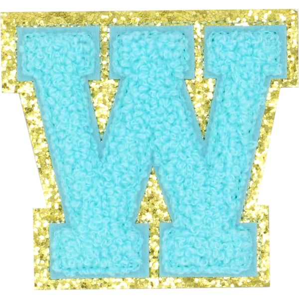 Engelska bokstaven W Stryk på reparationslappar Alfabetsömnad Applikationer Klädmärken, med guldglitterkant, självhäftande bakdekal（Blå W）WBlå
