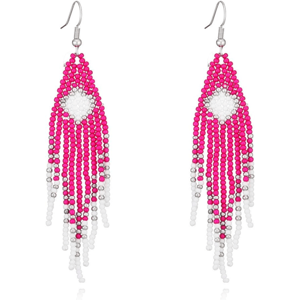 Heyone Long Beaded Tassel Örhängen \\u2013 Large Bohemian Native Statement Bead Dangle Örhängen för kvinnor, Big Boho Statement Handgjorda