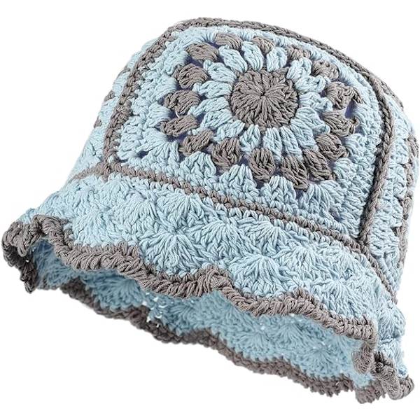 Boho Heklet Bøttehatt for Kvinner Blomster Håndlaget Beanies Hat Hul Håndstrikket Casual Strandhatt for Ferie