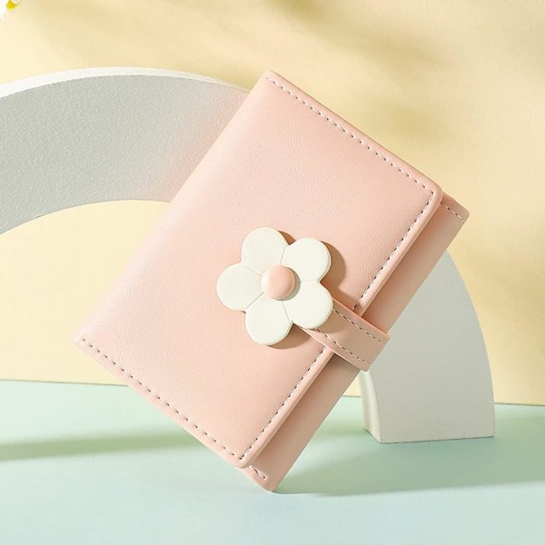 Søt liten lommebok for jenter kvinner Tri-foldet lommebok kontantlomme blomster PU skinntrykk kortholder myntpung med ID-vindu (rosa)