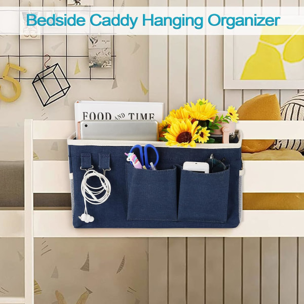 Bedside Caddy/Sängbordsförvaringsväska Hängande organizer för våningssängar och sjukhussängar, Sovsalar Sängskenor, kan placeras (marinblå)