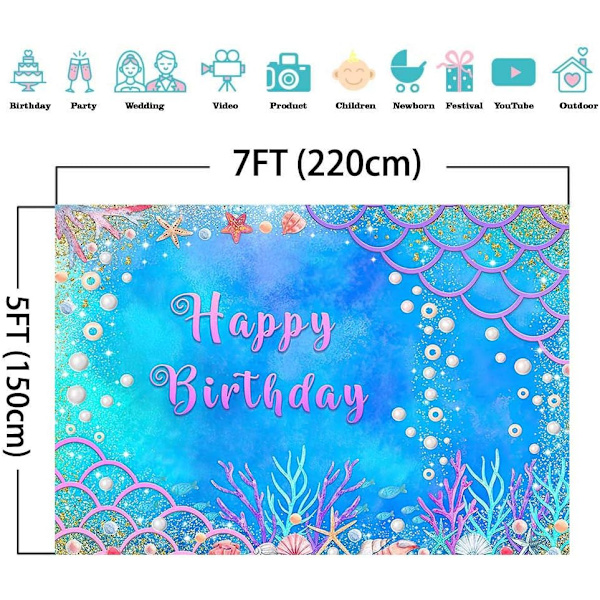Sommerhav Blå Gull Glitter Fotografi Bakgrunn Rosa Lille Havfrue Skala Jenter Prinsesse Bursdagsfest Foto Bakgrunn  7x5ft