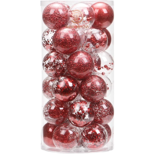 Heyone 60 mm/2,36" splittringssäker genomskinlig julkulor i plast Dekorativa julkulor Kulor set med fyllda (30 räkningar, röda)