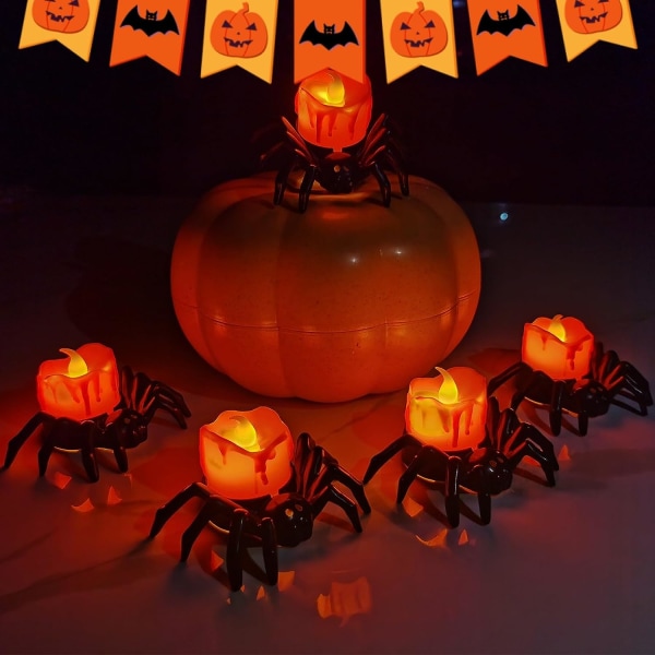 12-pakning edderkoppflammeløse stearinlys, Halloween edderkopp stearinlyslys, batteridrevne Halloween gresskarlys LED telys