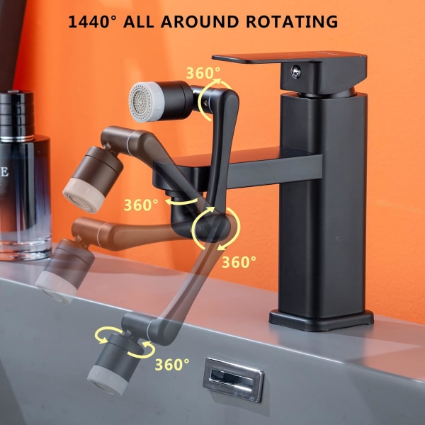Vannkranforlenger 1440° svingbar, universell kranlufter, 2 moduser tut, 1080°+360° svingbar kjøkken baderom vask kranforlenger