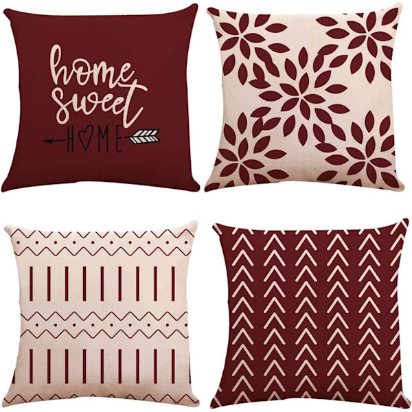 Vingröda örngott 18x18 Set om 4, Moderna soffkuddfodral, Dekorativa utomhus linnetyg örngott (Vingröd, 18x18, Set om 4)