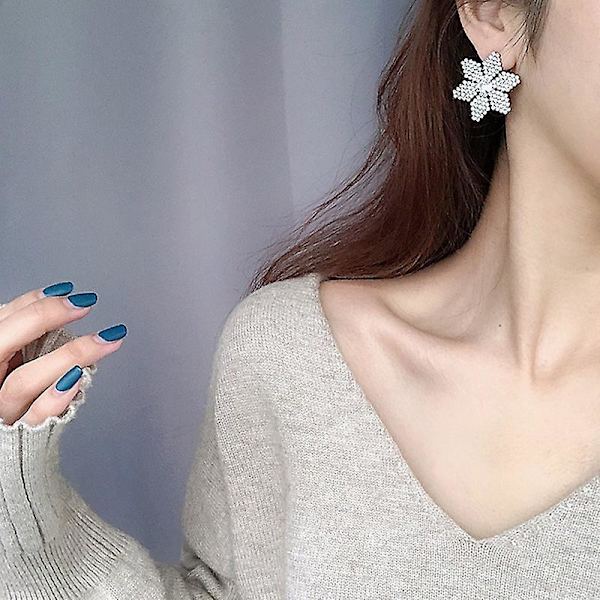 2 par fashionabla temperament full diamond snöflinga örhängen, 925 silver nål enkel och mångsidig super flash diamant blomma örhänge smycken