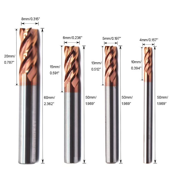 Carbide End Mill Sæt, CNC Firkantede Næse End Mills D4+5+6+8mm Carbide Skæreværktøjer, 4stk (4/5/6/8 mm)