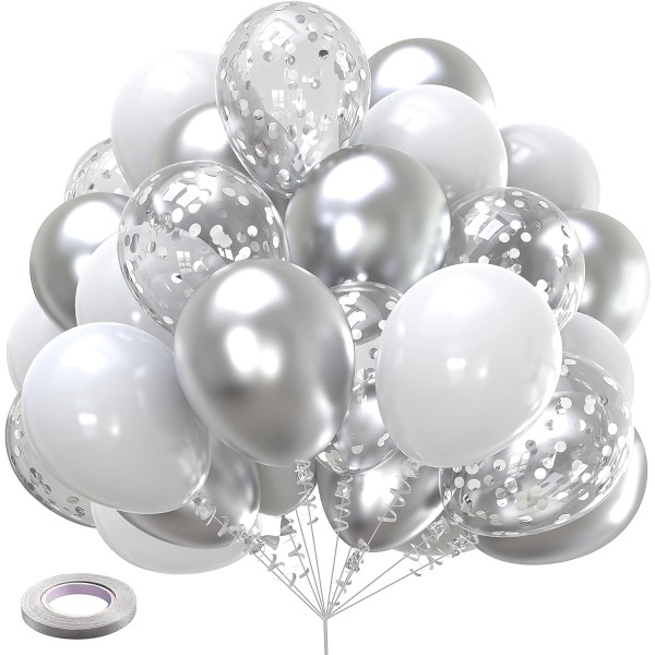 Vita och silverballonger 60 st 12 tums matt vit metallisk silver och konfetti latexballong i bulk för födelsedagsfest Baby ...