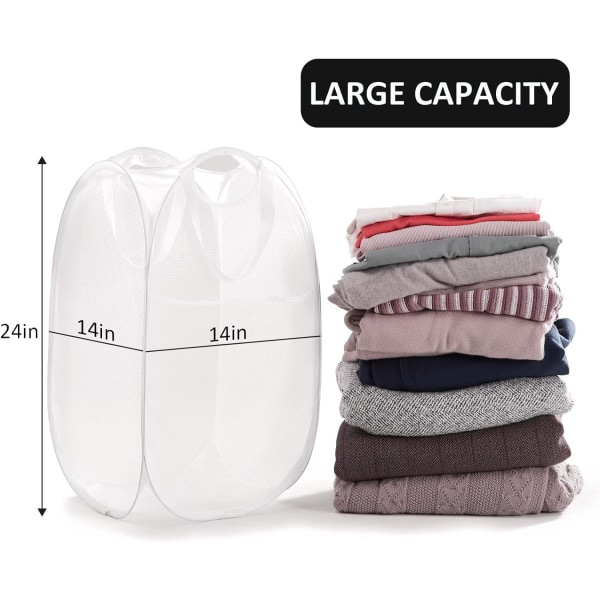 Pop Up-vaskebøyle i mesh med slitesterke håndtak - Bærbare sammenleggbare kleskurver for sovesaler, bad og reiser (hvit)