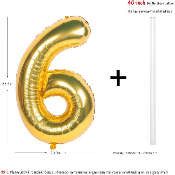 2 st 40 tum Guldsiffra Helium Folieballonger för Födelsedagsfest (Guld 6)