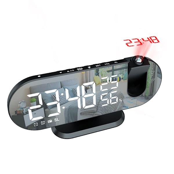 Projektionsväckarklocka, LED-speglad sängklocka radio med 180° projektor, dubbla alarm, USB-laddare - Vit