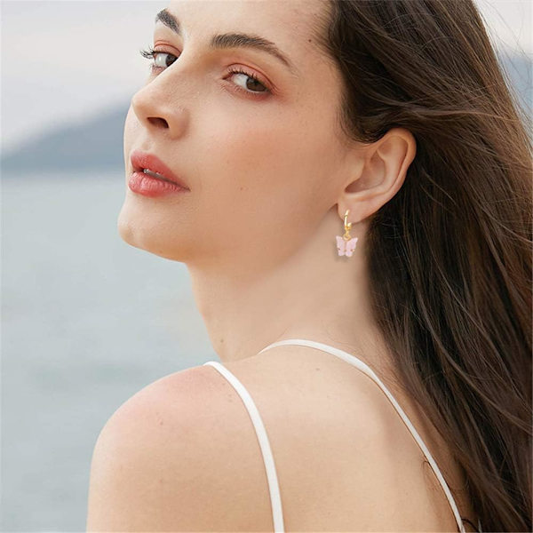 Heyone Funklende Charm Chic Sommerfugl Dangle Øreringe Yndig Akryl Farverige Dyr Drop Hoop Øreringe til Kvinder Piger Smykker Gave