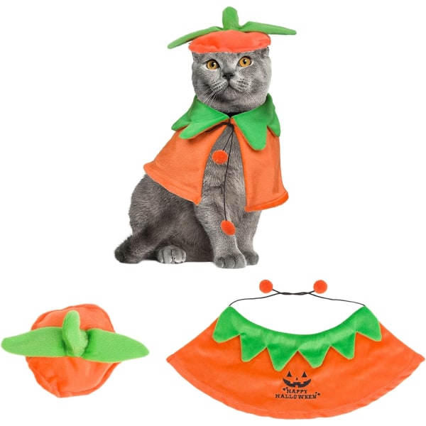 Halloween Kattdräkt Katt Halloween Pumpkin Cape Hat Set Pet Cat Halloween Costume (M Pumpkin)