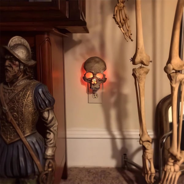 Kranium Natlampe, Halloween Gotisk Håndlavet Kranium Natlampe, Kranium Lampe Stik i Væg med Flamme Atmosfære, Gotisk