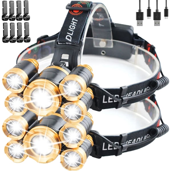 Päälamppu LED Ladattava 12000 korkea Lumen Ultra Kirkas 5 LED Päälamppu Taskulamppu, 4 Tilaa Säädettävissä Zoomaava Tarkennus Päälamppu