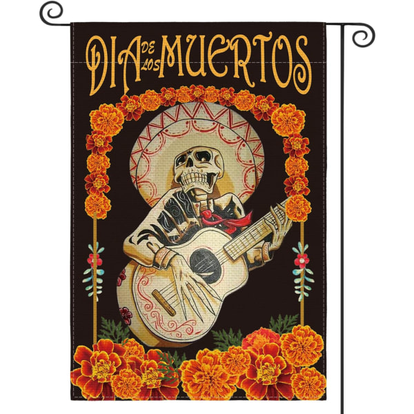 Dia De Los Muertos Marigold Gitarspiller Sugar Skull Hageflagg Dobbeltsidig, Halloween Day Of The Dead Yard Utendørs dekorativt flagg 12 x 18 tommer